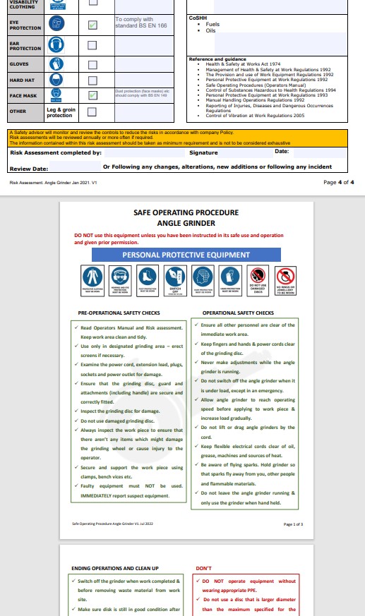 Angle Grinder. Risk Assessment
