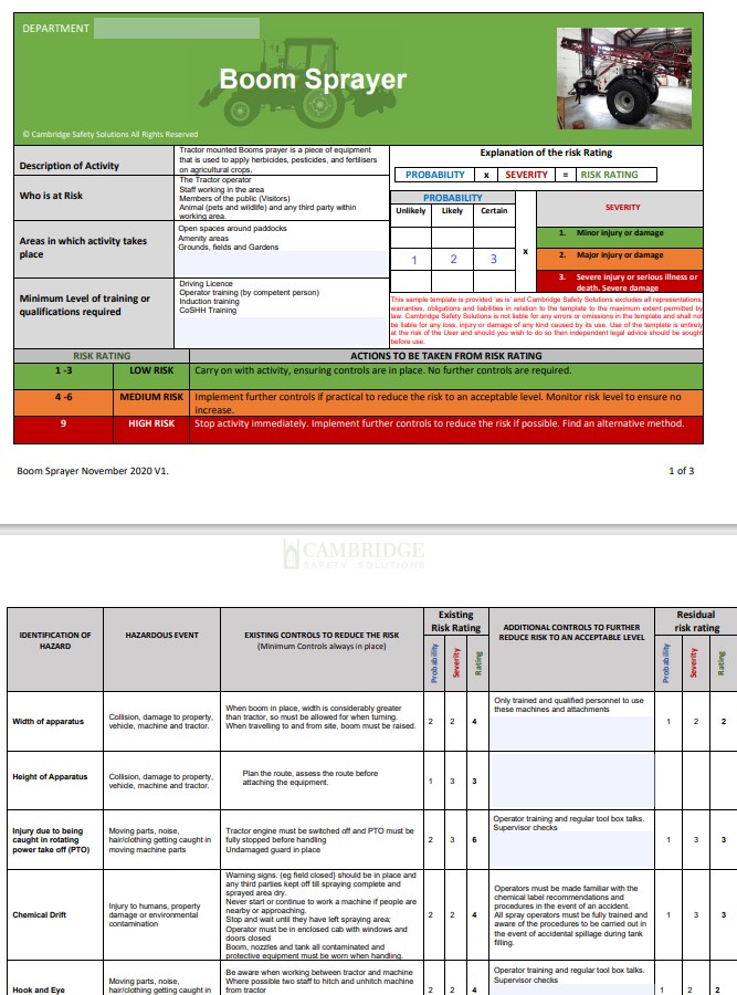 Tractor Boom Sprayer Risk Assessment