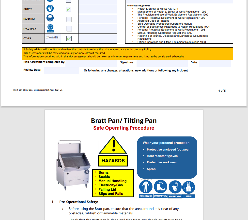 Bratt Pan/ Tilting Pan - Risk Assessment