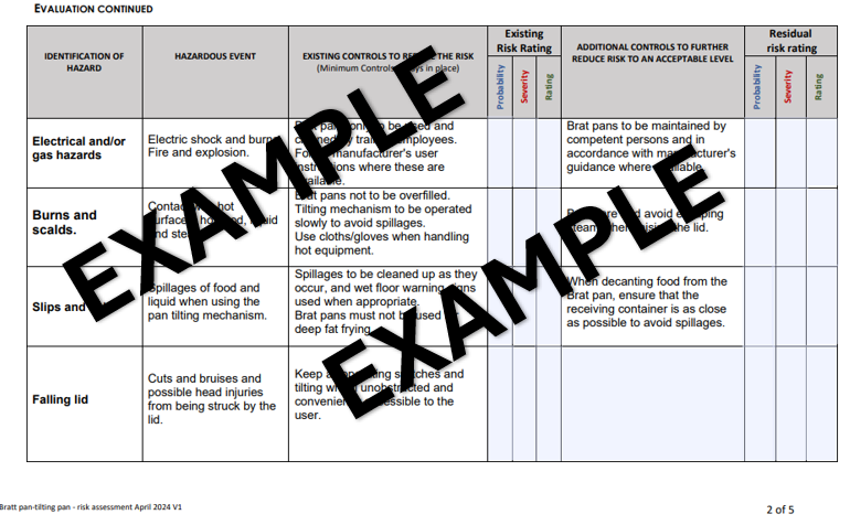 Bratt Pan/ Tilting Pan - Risk Assessment