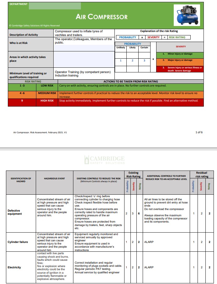 Air Compressor. Risk Assessment