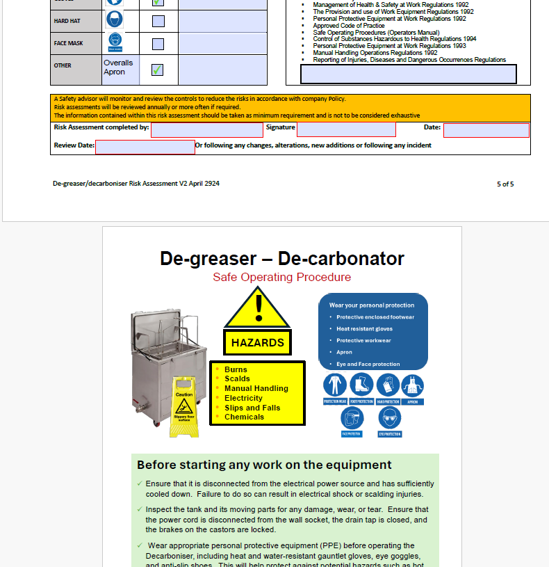 Decarboniser Degreaser - Risk assessment