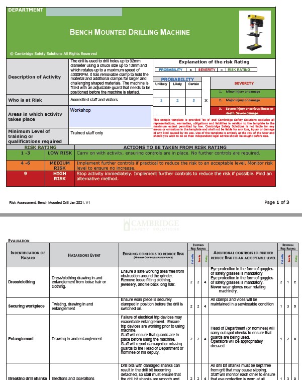 Bench Drill. Risk Assessment