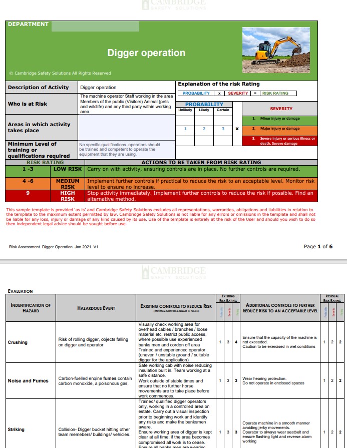 Digger/Excavator Operations Risk Assessment
