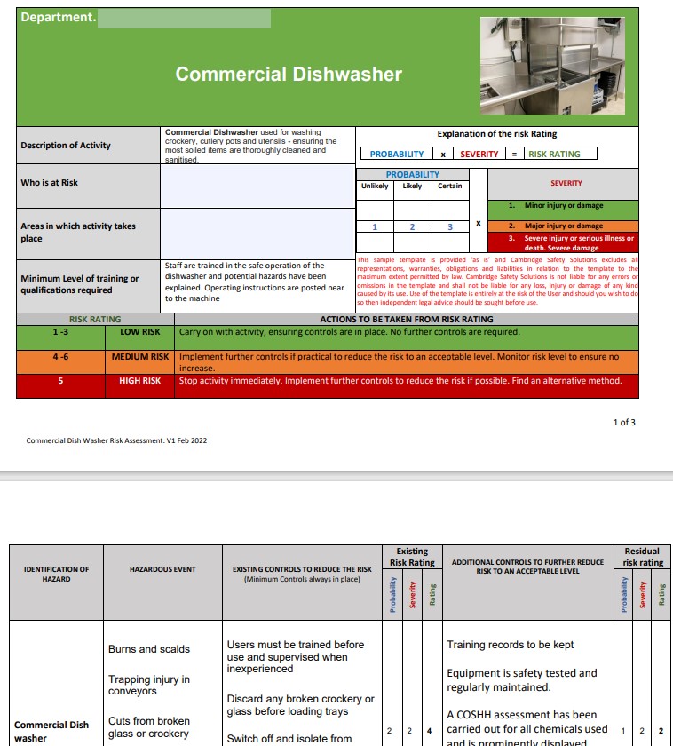 Commercial Dishwasher. Risk Assessment