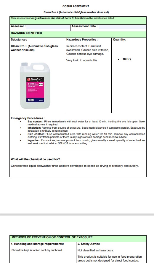 Commercial Dishwasher. Risk Assessment