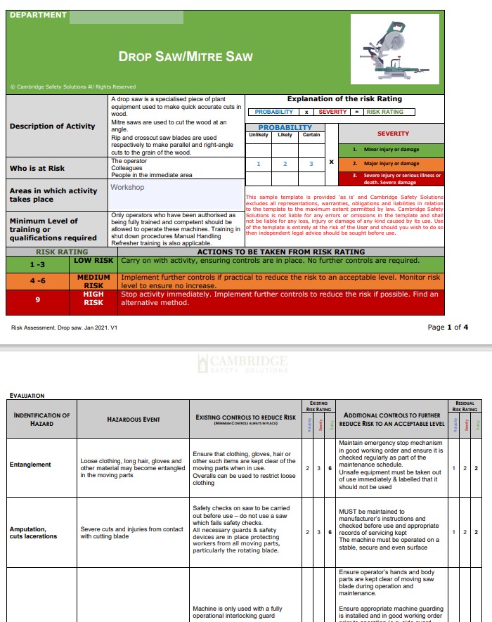 Drop Saw/ Mitre Saw. Risk Assessment