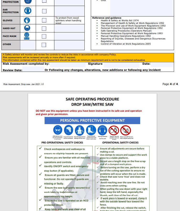 Drop Saw/ Mitre Saw. Risk Assessment