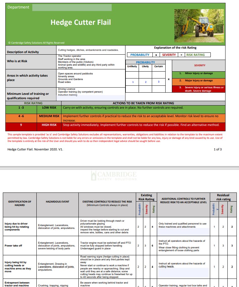 Tractor Mounted Hedge Flail. Risk Assessment