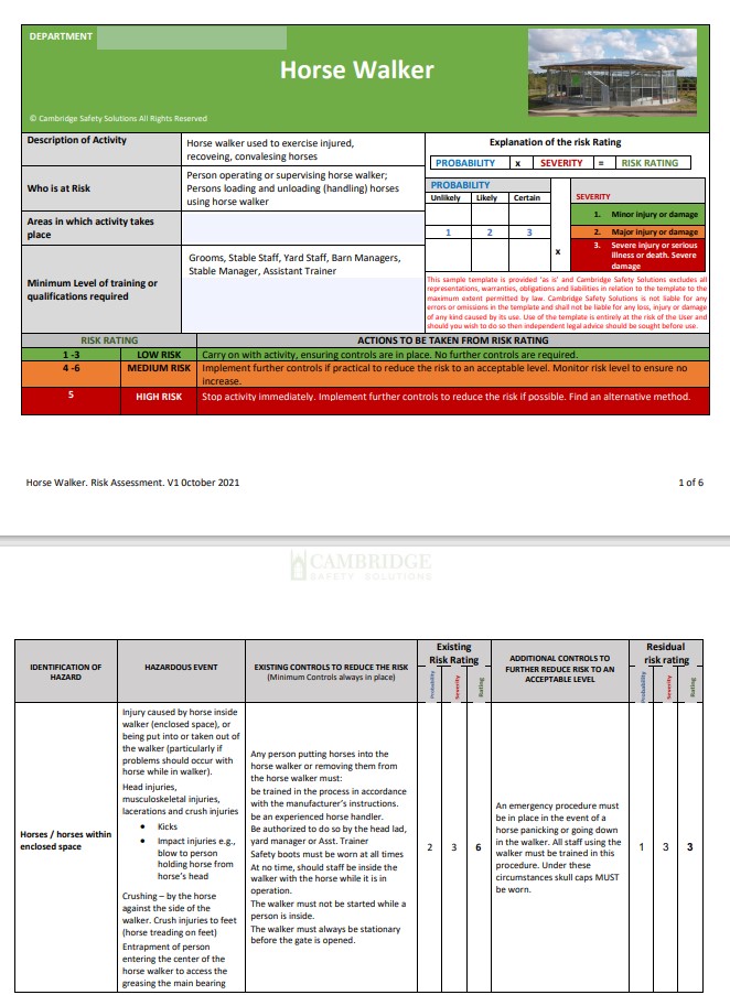Horse Walker. Risk Assessments