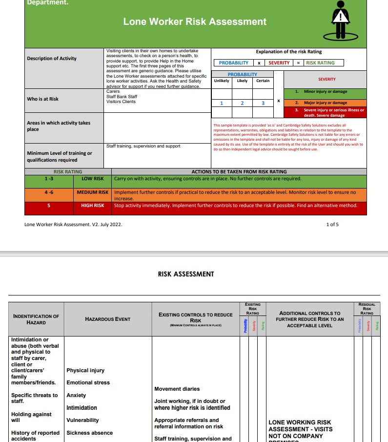Lone worker Risk Assessment
