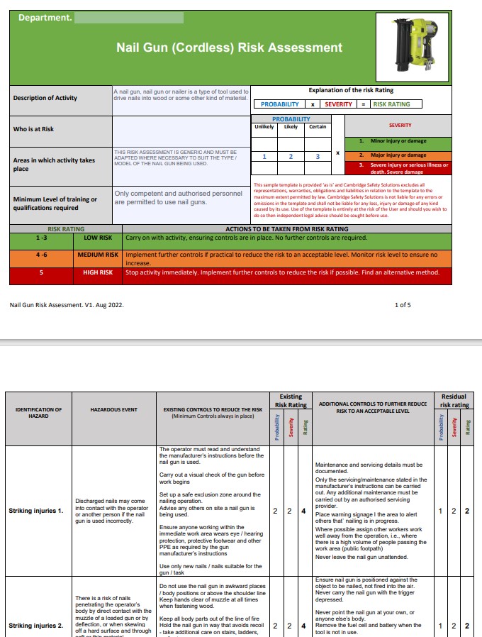 Nail Gun. Risk Assessment