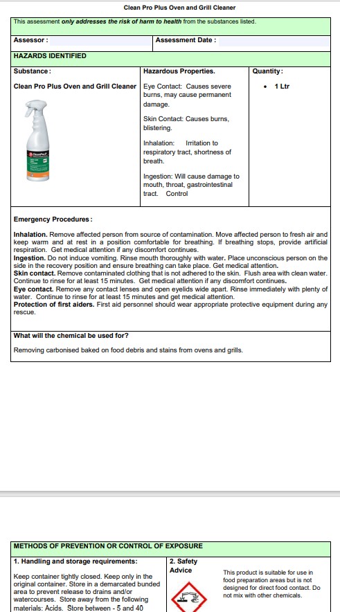 Commercial Oven Cleaning. Risk Assessment
