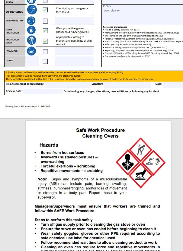 Commercial Oven Cleaning. Risk Assessment