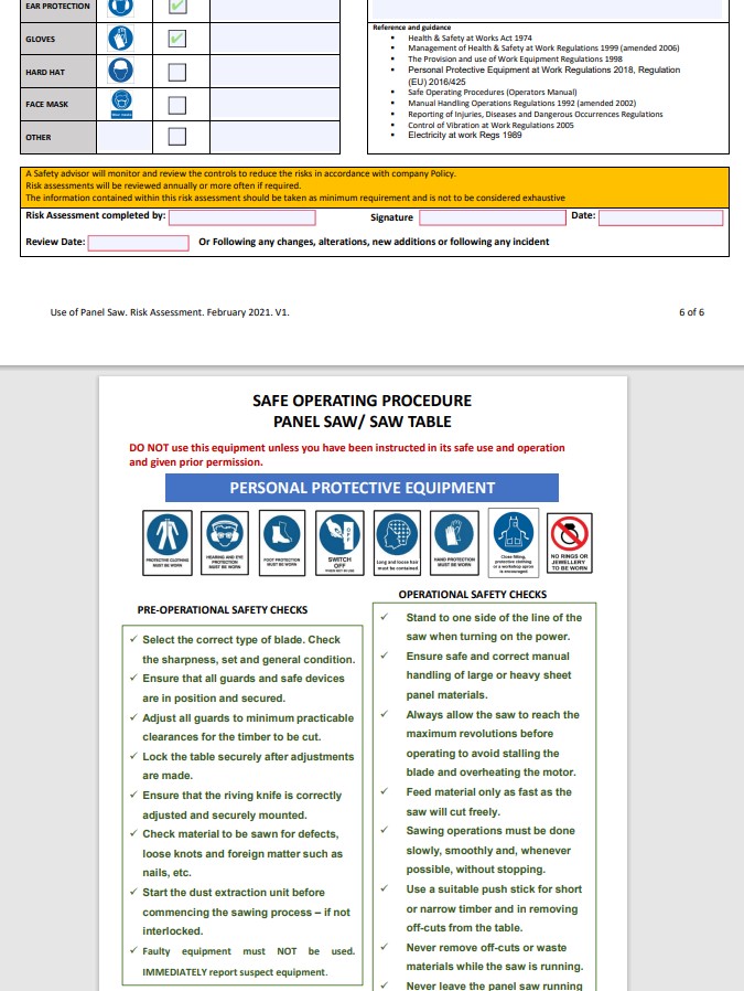 Panel Saw. Risk Assessment
