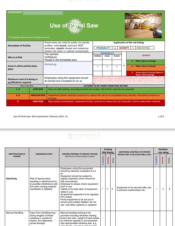 Panel Saw. Risk Assessment