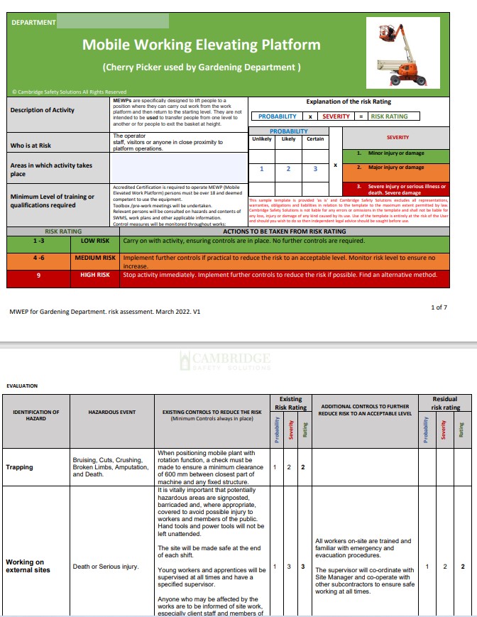 Mobile Elevating Working Platform. Risk Assessment
