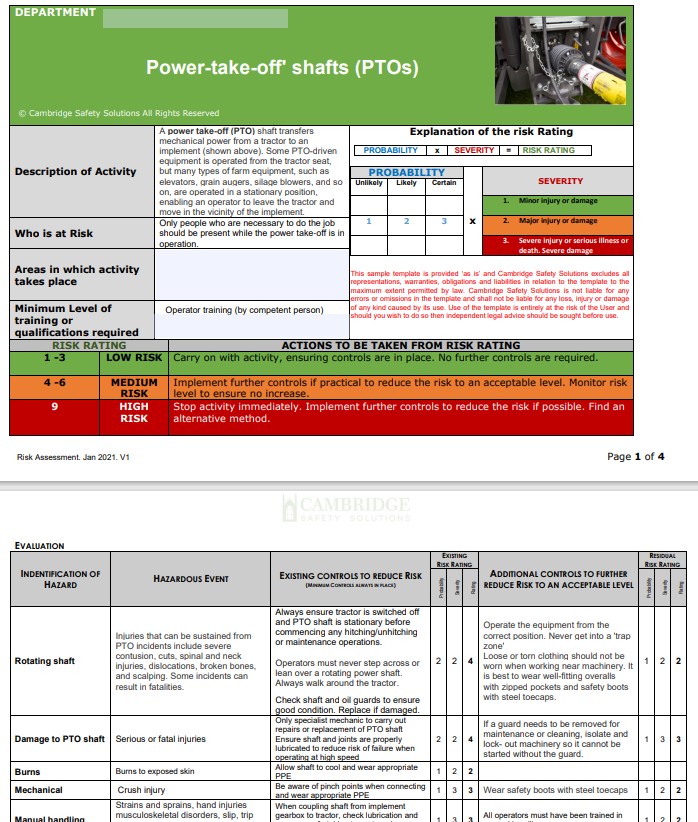 Power take-offs and power take-off drive shafts. Risk Assessment.