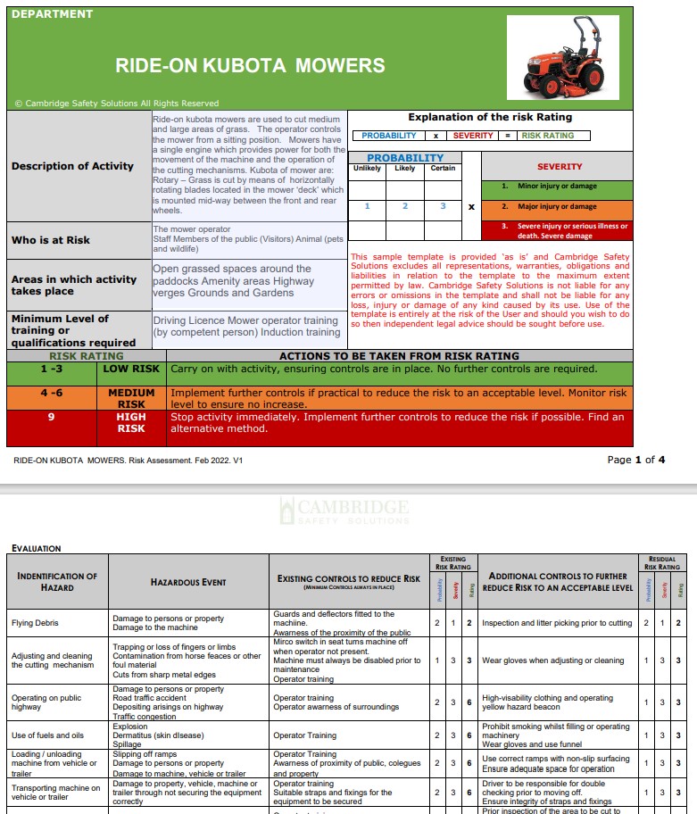 Sit on Mower Risk Assessment