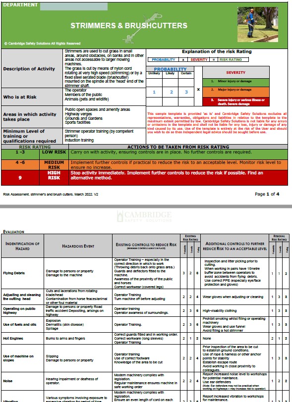 Strimmer and Brush Cutter Risk Assessment