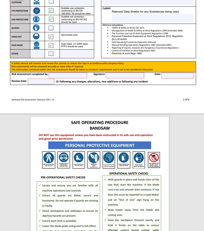 Bandsaw. Risk assessment