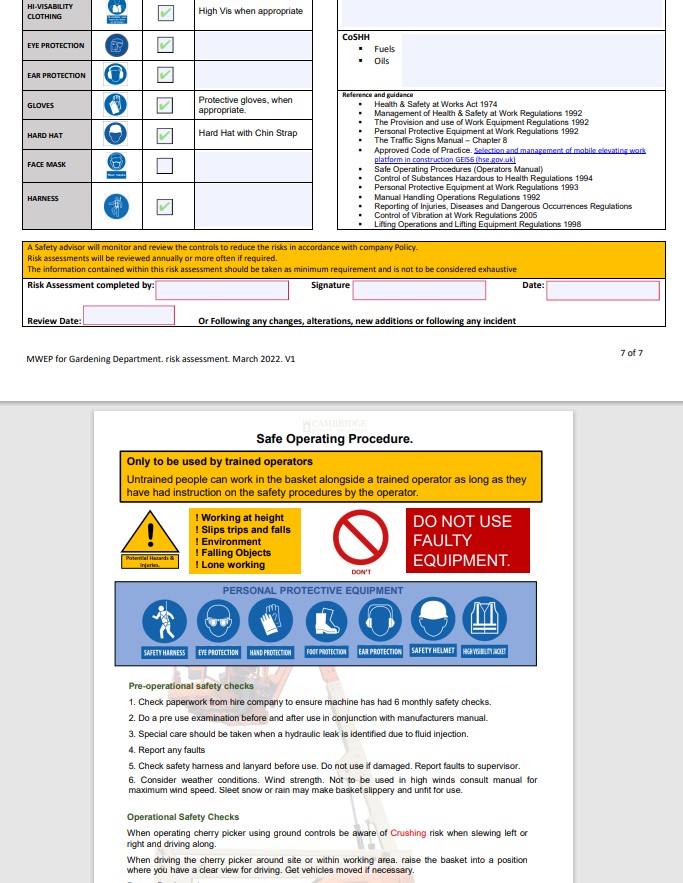 Mobile Elevating Working Platform. Risk Assessment