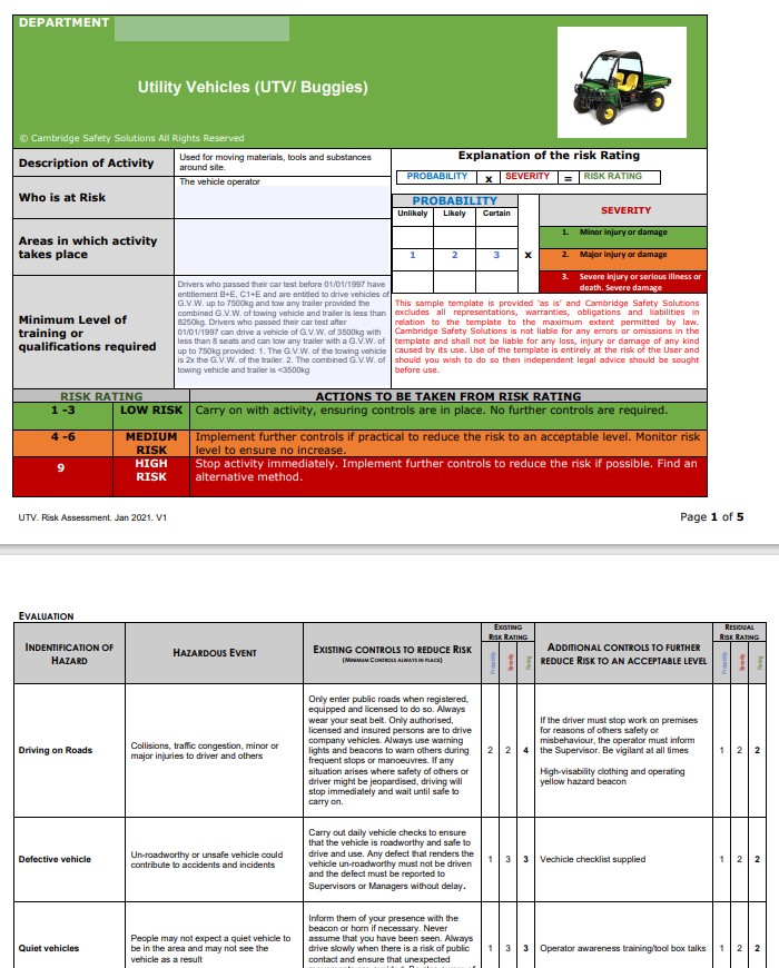 Utility Vehicle. Risk Assessment